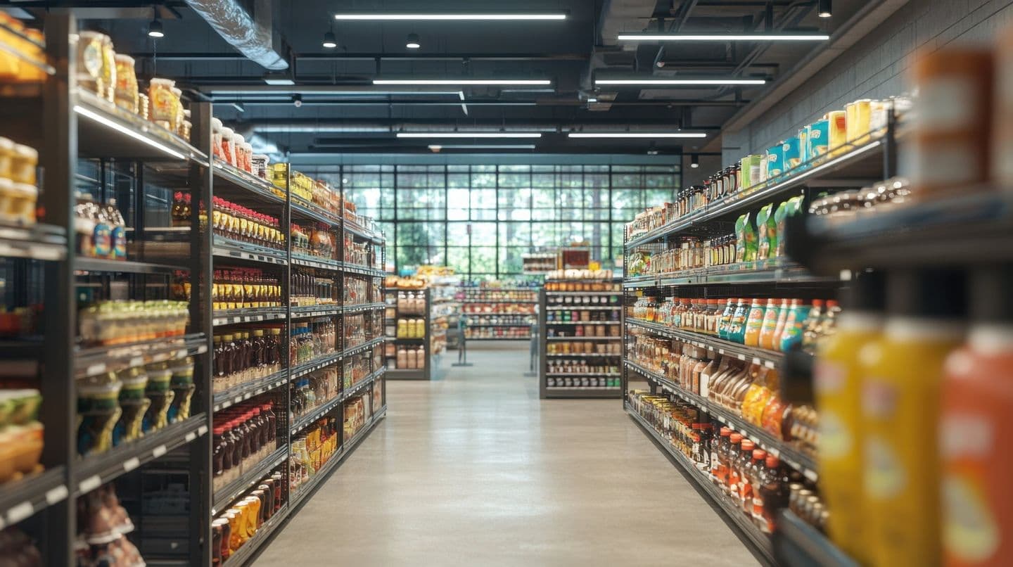 食品卸売の商品棚が並ぶ通路