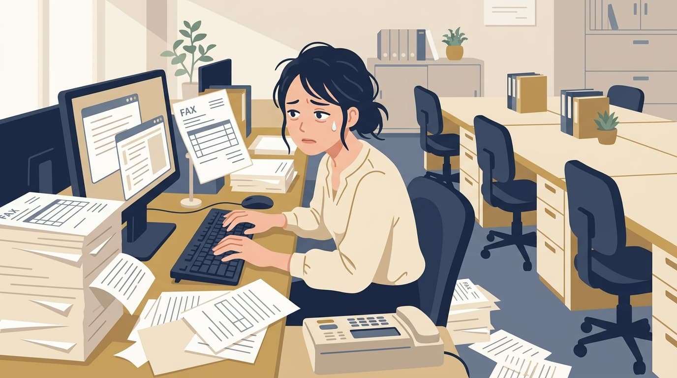人手不足のオフィスで1人FAX対応を続ける担当者